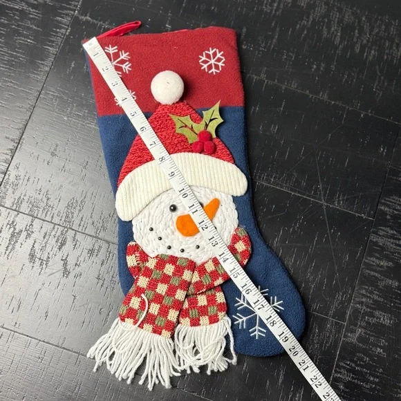 Christmas Stocking 3D Snowman w Scarf Pom Poms Corn Cob Pipe Chenille Felt Blue - Picture 3 of 5